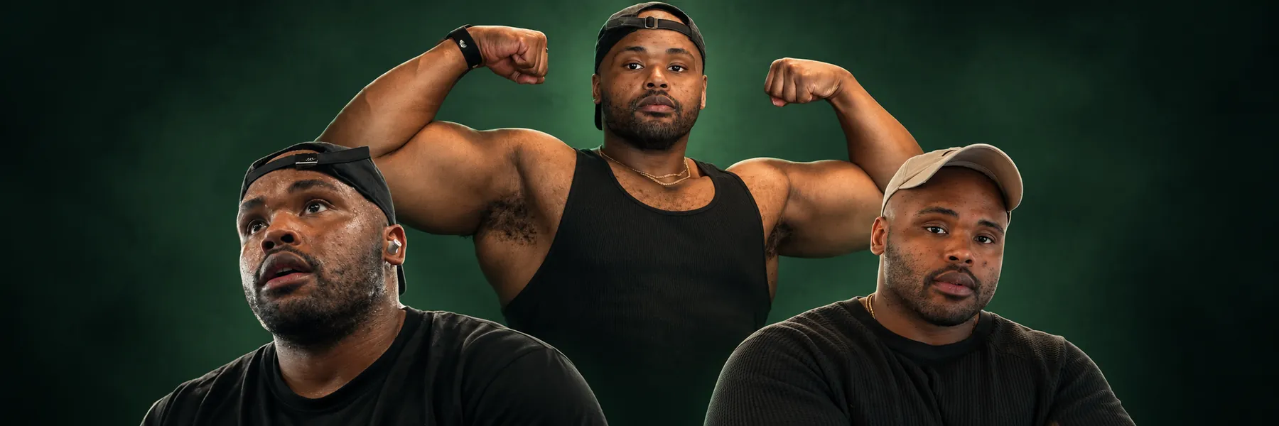 Nick of WILKPWR in three poses: mid-workout, flexing, and at rest